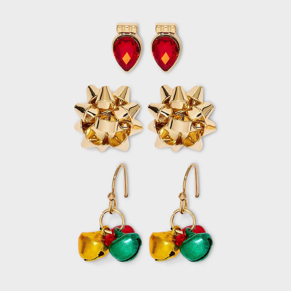 Bow Lightbulb and Jingle Bell Drop Earring Set 3pc - Gold/Red/Green | Target