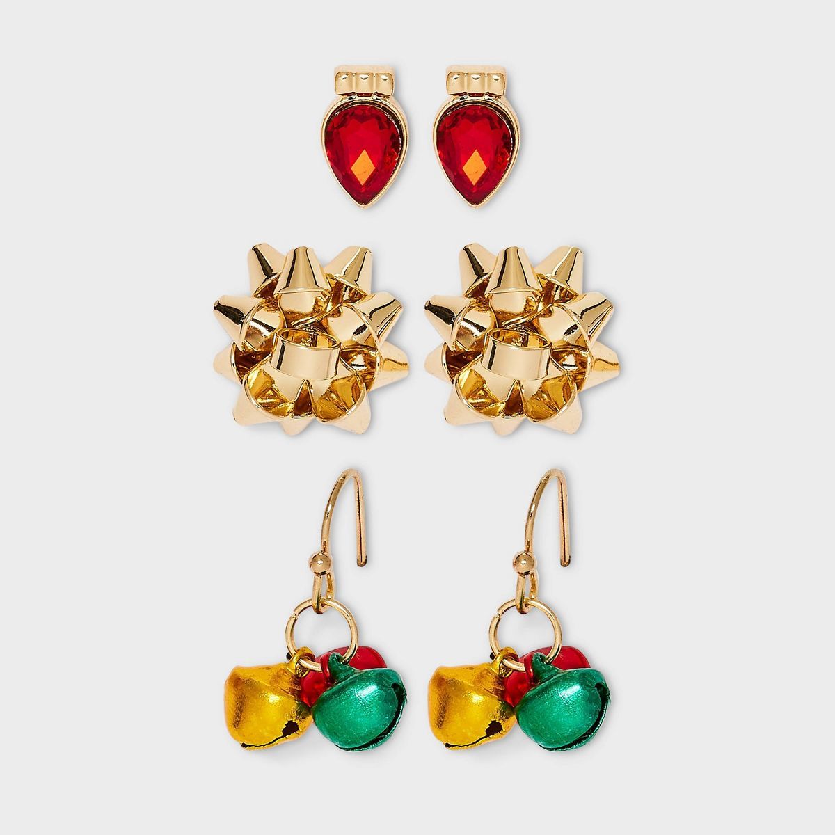 Bow Lightbulb and Jingle Bell Drop Earring Set 3pc - Gold/Red/Green | Target