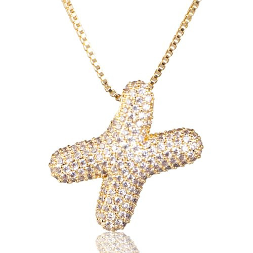 Bubble Letter Necklace Gold for Woman, A-Z Cubic Zirconia Balloon Bubble Initial Necklace 14K Gold Plated Dainty Jewelry(X) | Amazon (US)