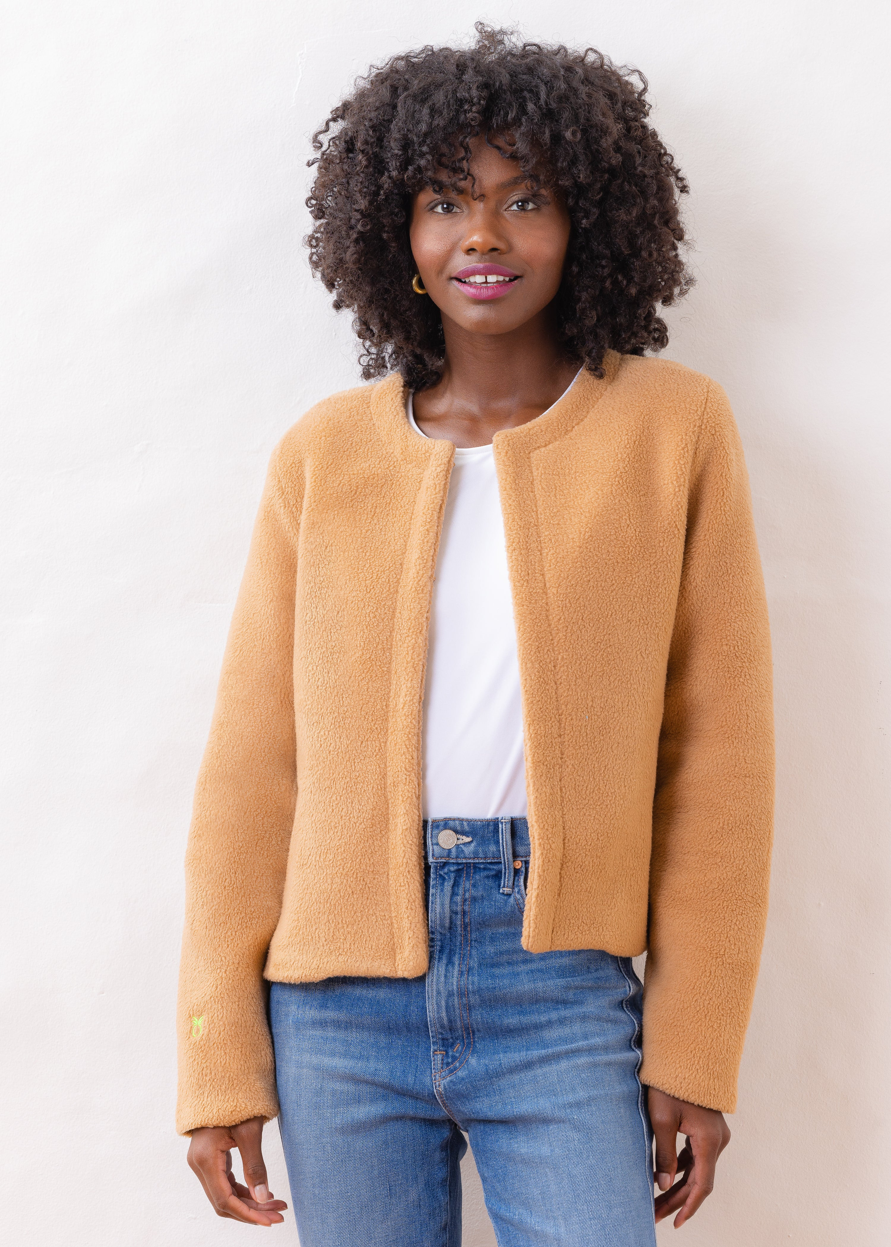 Cat Rock Cardigan in Sherpa Fleece (Camel) | Dudley Stephens