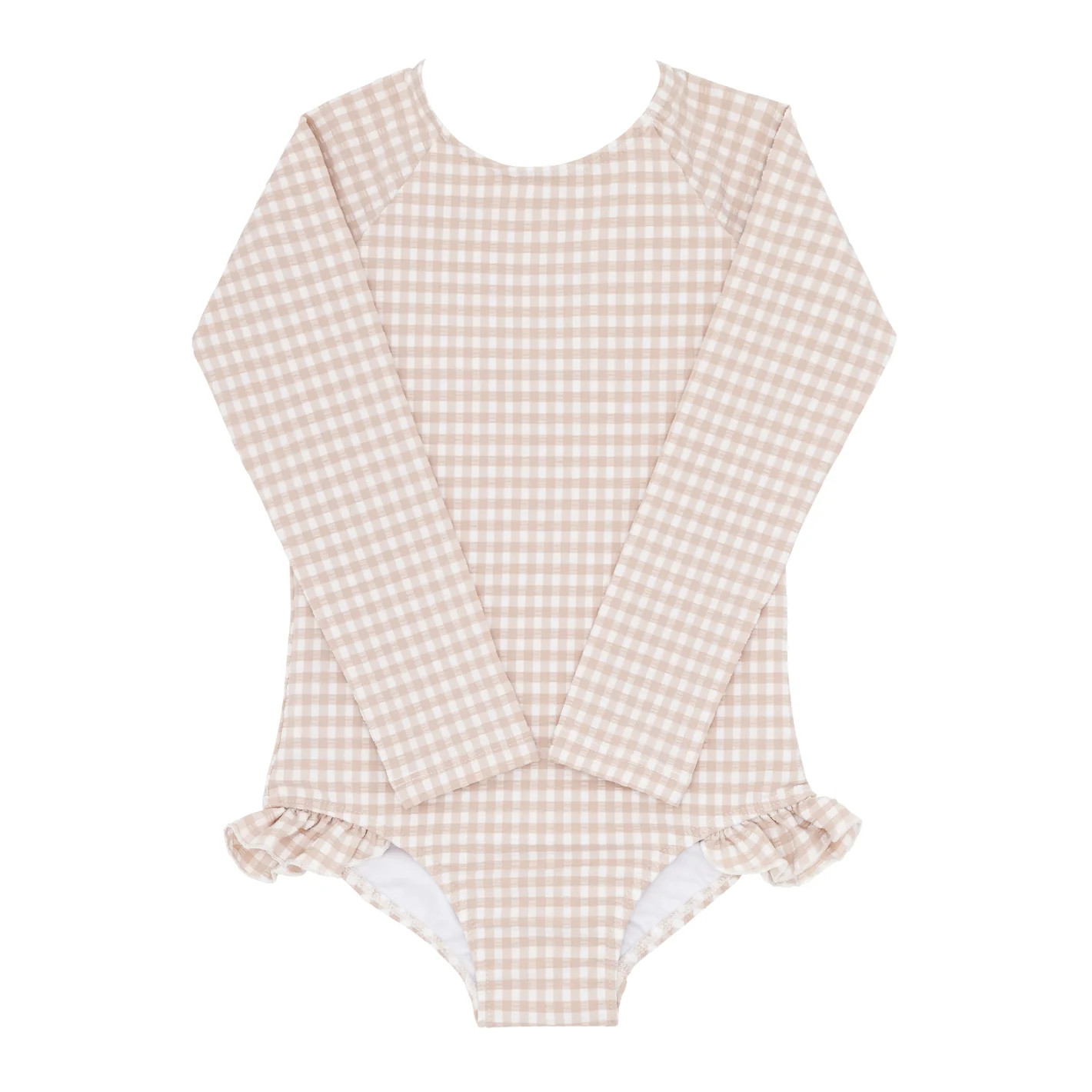 girls brown crinkle gingham rashguard one piece | minnow