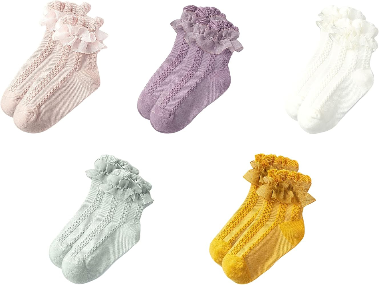 Gwenvenni Toddler Girls Double Ruffle Lace Trim Cotton Socks Frilly Dress Socks 5-Pack | Amazon (US)