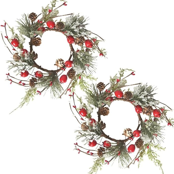 2 Pcs Christmas Candle Rings Wreaths Berries & Pinecone Candle Rings Artificial Norfolk Pine Cand... | Amazon (US)
