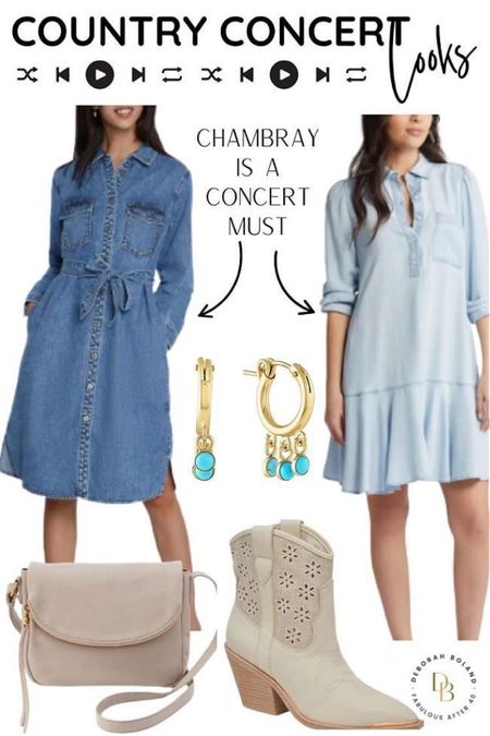 Nothing says Country Music Concert than  a chambray dress! 
This soft wash denim dress is very Texan, so it’s the perfect match for a country music concert. 
I love this dark denim one from @nordstrom pair it with your favorite cowboy boots and get ready to dance all night long!


#LTKOver40