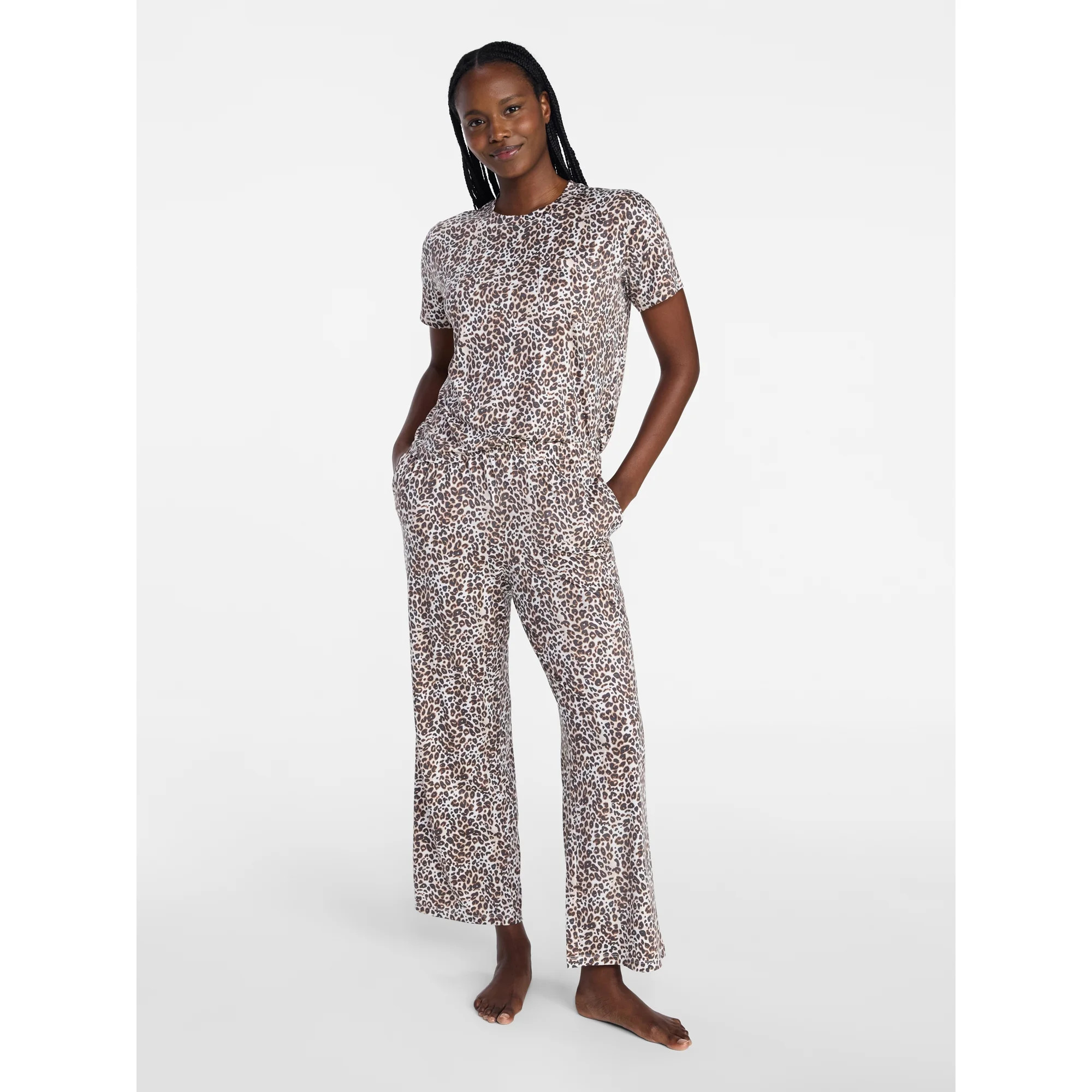 Joyspun Women's Dreamy Soft Collection Short Sleeve Sleep Top and Open Leg Pants Pajama Set, 2-Pi... | Walmart (US)