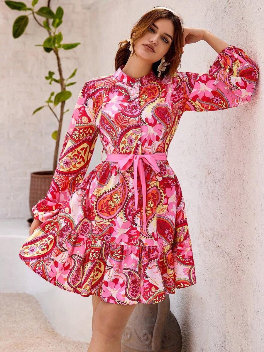 SHEIN VCAY Spring/Summer Random Paisley Printed Lantern Sleeve Dress | SHEIN