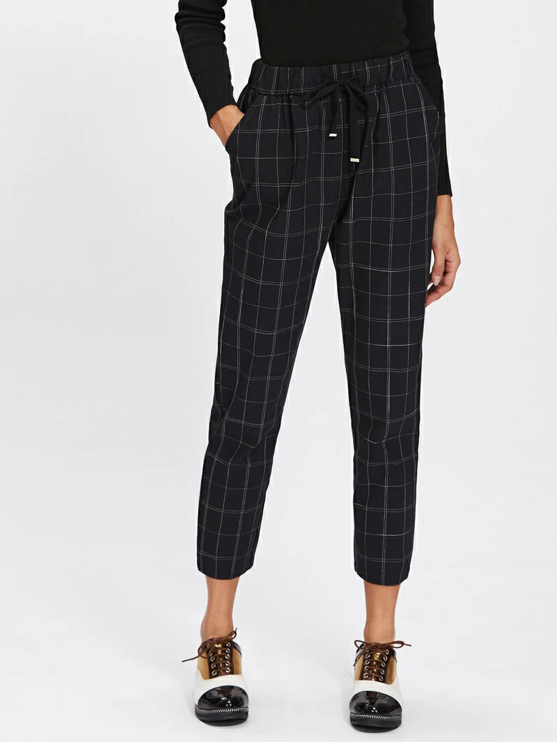 Drawstring Waist Plaid Crop Pants | ROMWE