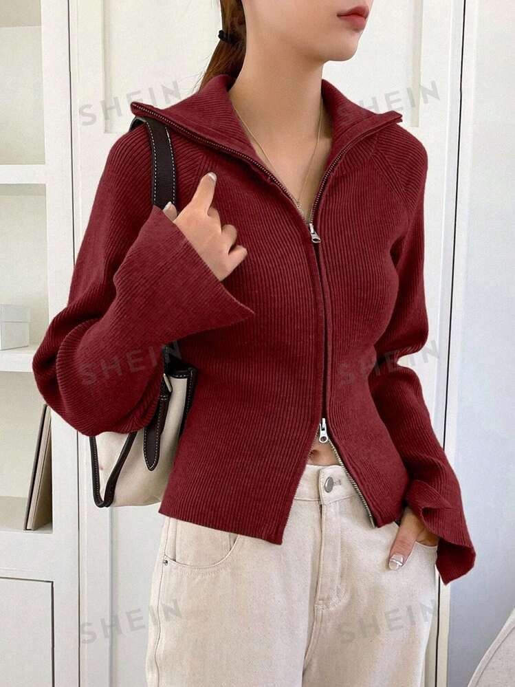 DAZY Damen einfarbige Reißverschluss Strickjacke, Herbst/Winter | SHEIN