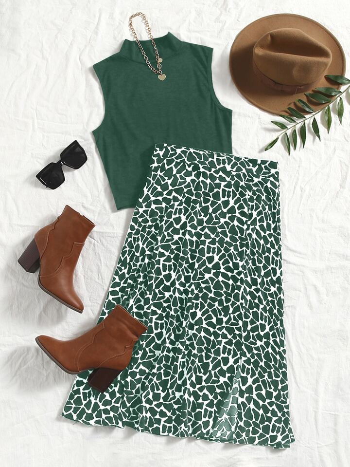 SHEIN LUNE Solid Mock Neck Tank Top & Allover Print Skirt | SHEIN