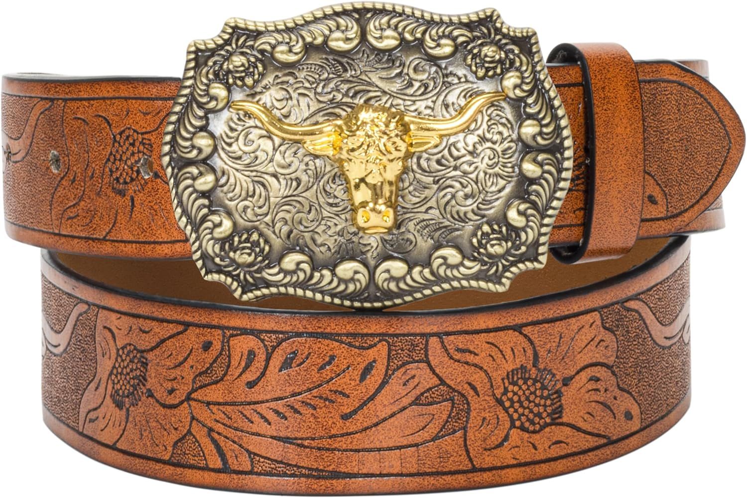 HinyBoeh Western-PU-Leather-Belts for Men and Women Cowboy-Cowgirl Longhorn-Bull-Pattern-Engraved... | Amazon (US)