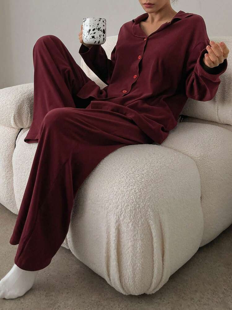DAZY Women Simple Single-Breasted Knit Top & Pants Comfortable Home Cozy Outfit Lounge Set, Fall Winter Clothes Pajama | SHEIN
