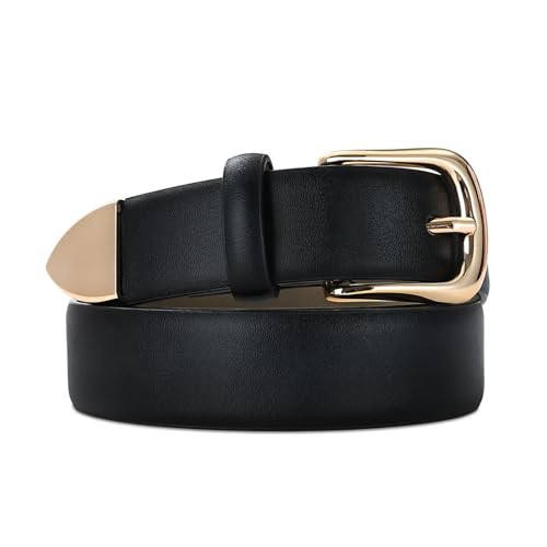 RISANTRY Women's Black Belts with Gold Buckle Ladies Faux Leather Waist Belts for Jeans Dress & Casual Wear | Amazon (US)