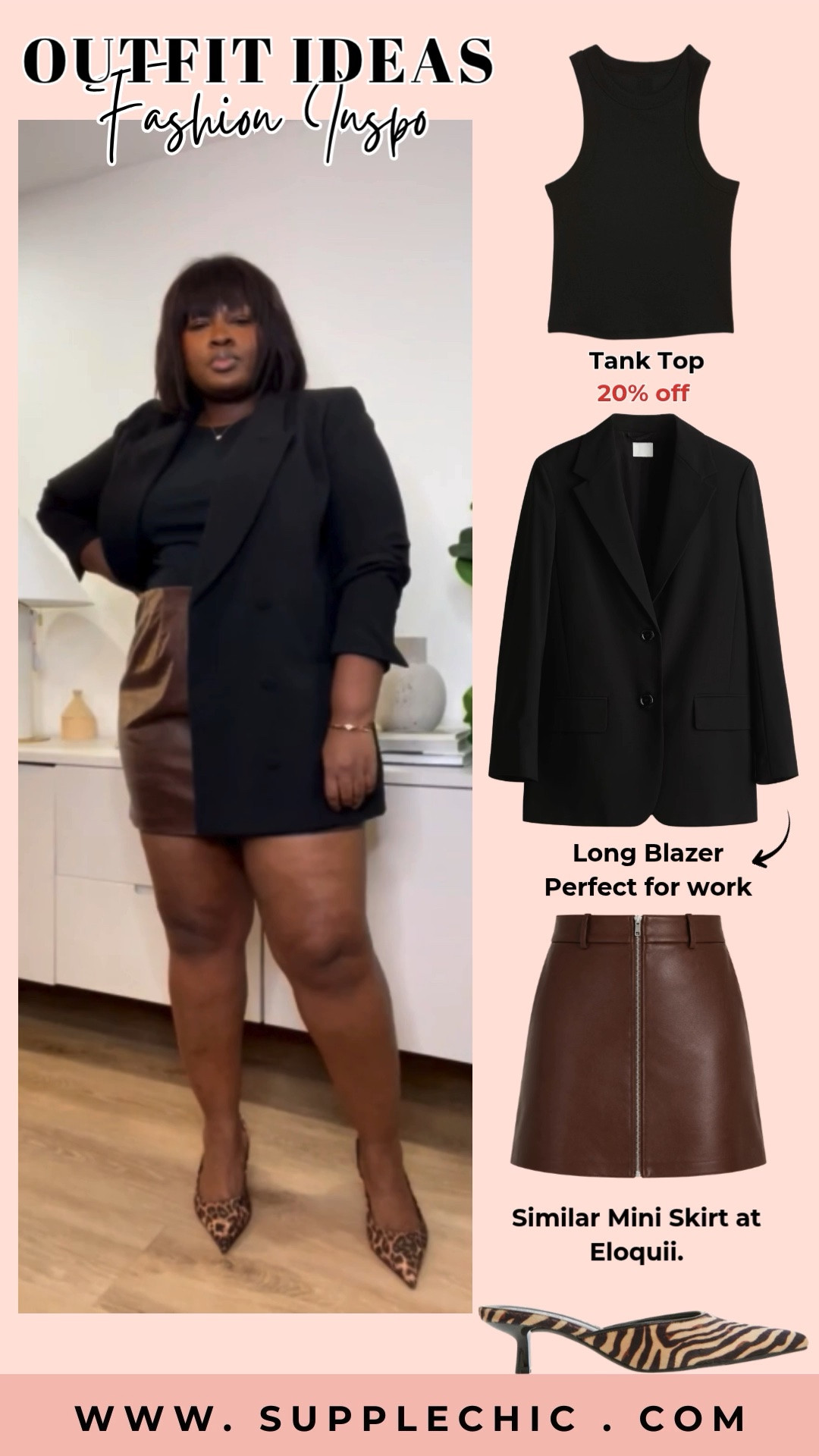 Black and brown is such a timeless fall combination. The mix of a sleek blazer, rich leather tones, and statement heels creates an elevated outfit that feels perfect for date nights, events, or dinner plans.  black blazer outfit, work outfit ideas, fall fashion outfit, faux leather skirt, leather skirt outfit, plus size fashion, curvy fashion, chic outfit ideas, business casual outfit, date night outfit, elevated basics, women’s fashion inspiration, blazer styling, capsule wardrobe

#LTKootd #LTKSeasonal #LTKWorkwear