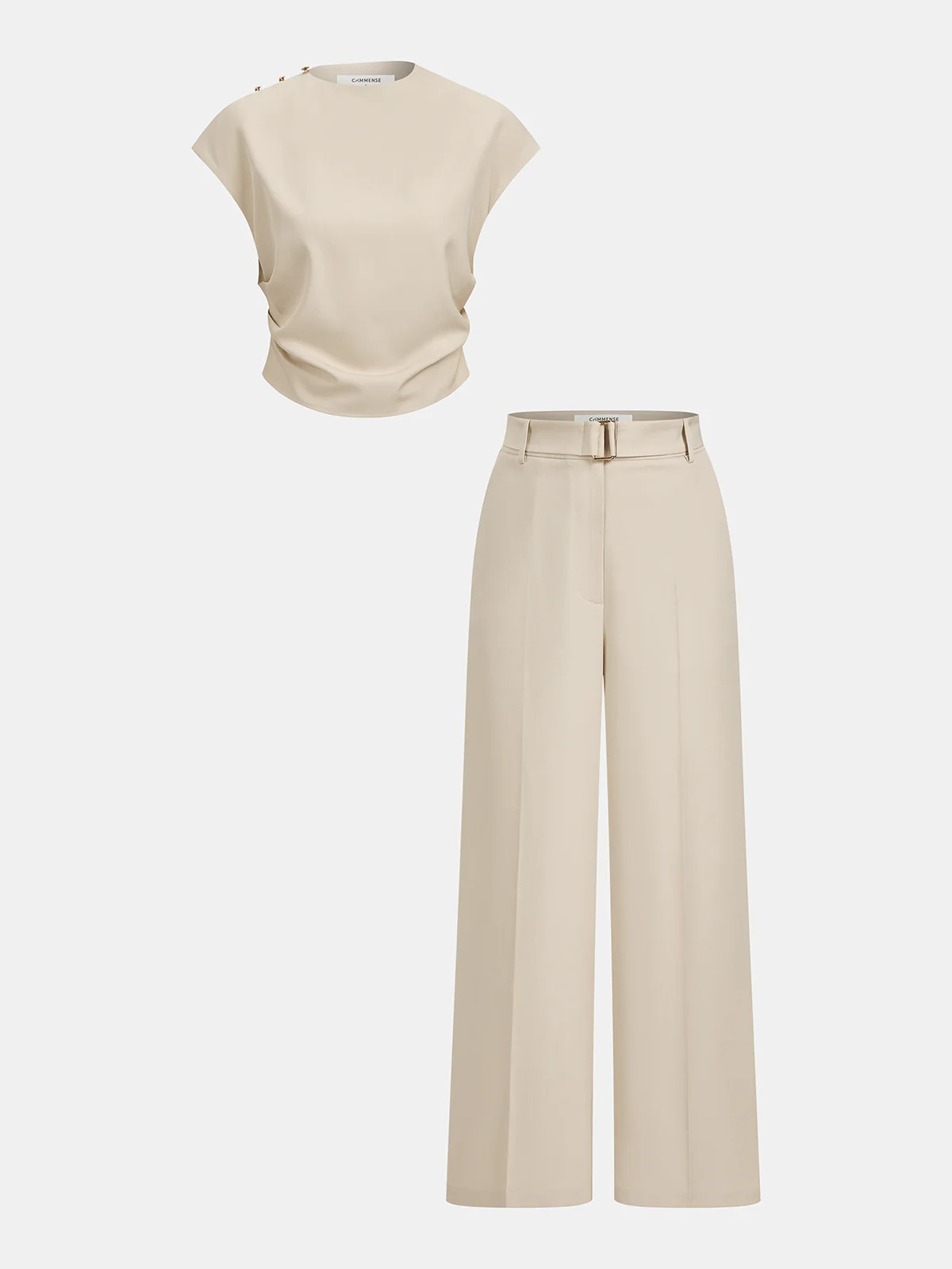 Sleeveless Ruched Top & Wide-Leg Pants Set | Commense