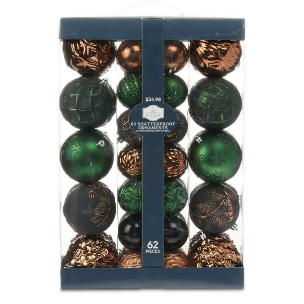 Holiday Time 62 count Copper/Green/Gold Shatterproof, 90mm & 60mm | Walmart (US)