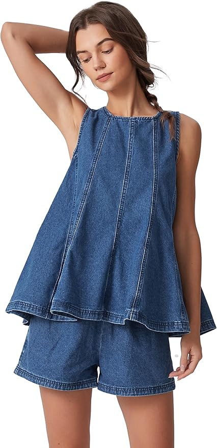 D-Sun Women 2 Piece Outfit Denim Set Sleeveless Crewneck Flared Denim Top Casual High Rise Jean S... | Amazon (US)