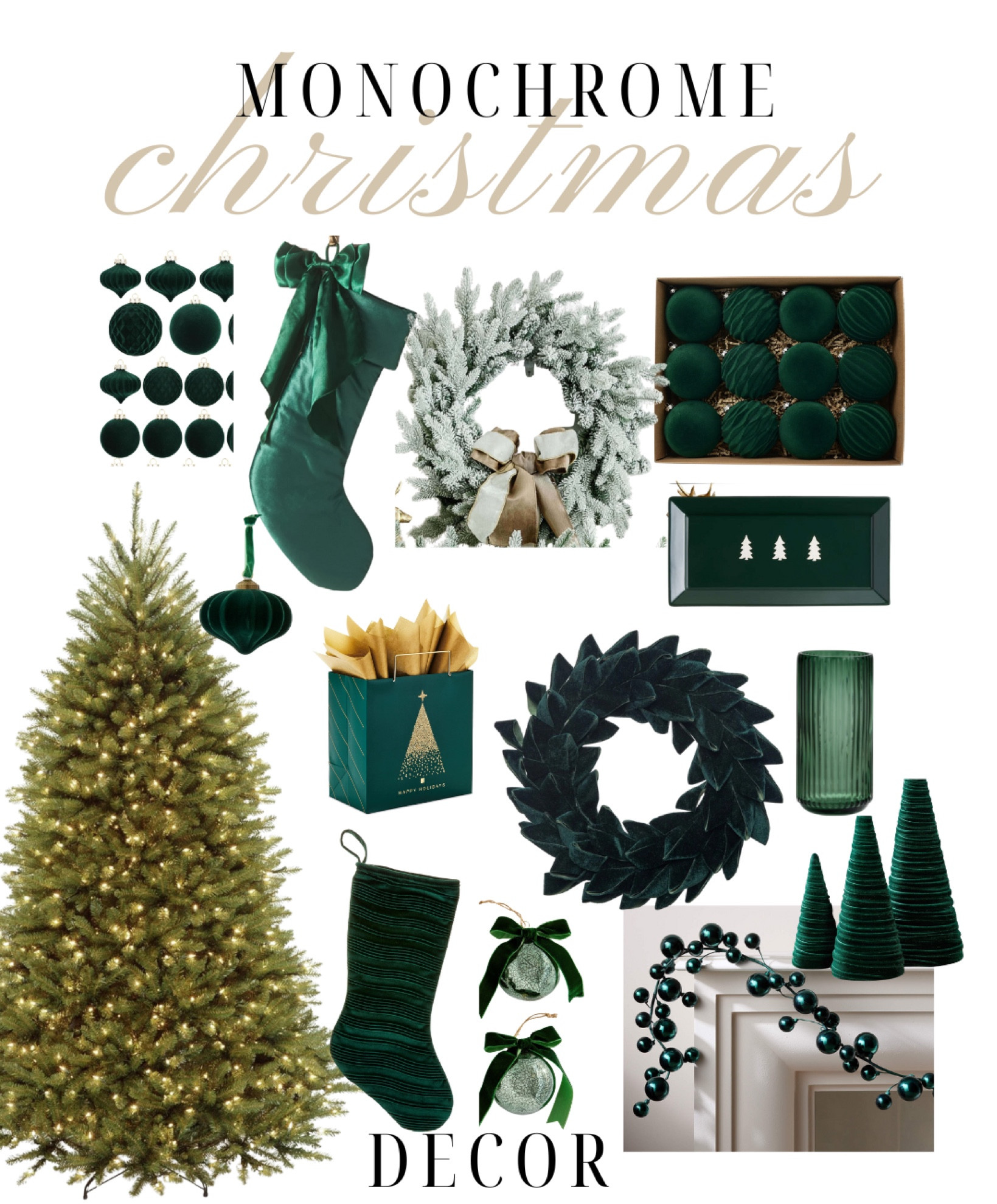 A monochrome Christmas theme - emerald colors. Wreaths, tree, decor, ornaments, etc! 

#LTKSeasonal #LTKHoliday #LTKHome