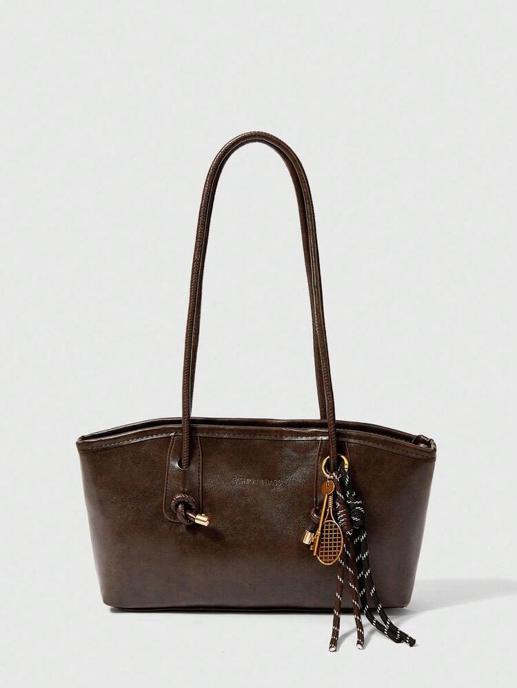 SHEIN BAE 1pc Coffee Brown Quilted Zipper Closure PU Solid Color Bowling Bag, Autumn/Winter, Large Capacity Tote Bag, New Fashion Felt Texture Shoulder Bag, Retro Style Saddle Underarm Commuter Laptop Bag With Rope Decor, Suitable For Women's Daily Use, Fashionable Bow Purse For Women | SHEIN