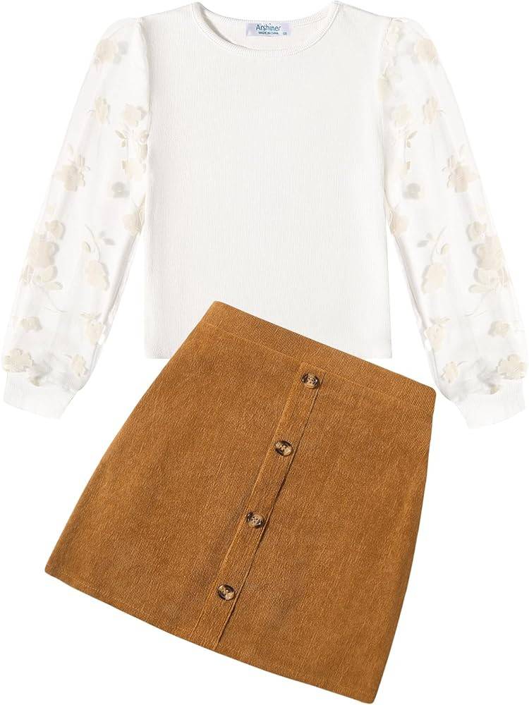 Arshiner Girl's Skirt Sets Casual Fall Outfits Corduroy Skirt and Long Sleeve Rib Knit Shirt Tops... | Amazon (US)