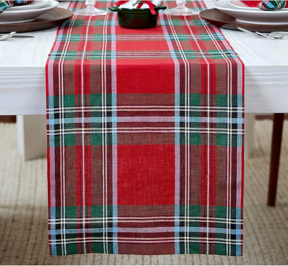 Solino Home Linen Table Runner 36 inch – 100% Pure Linen Red Madras Holiday Plaid Table Runner ... | Amazon (US)