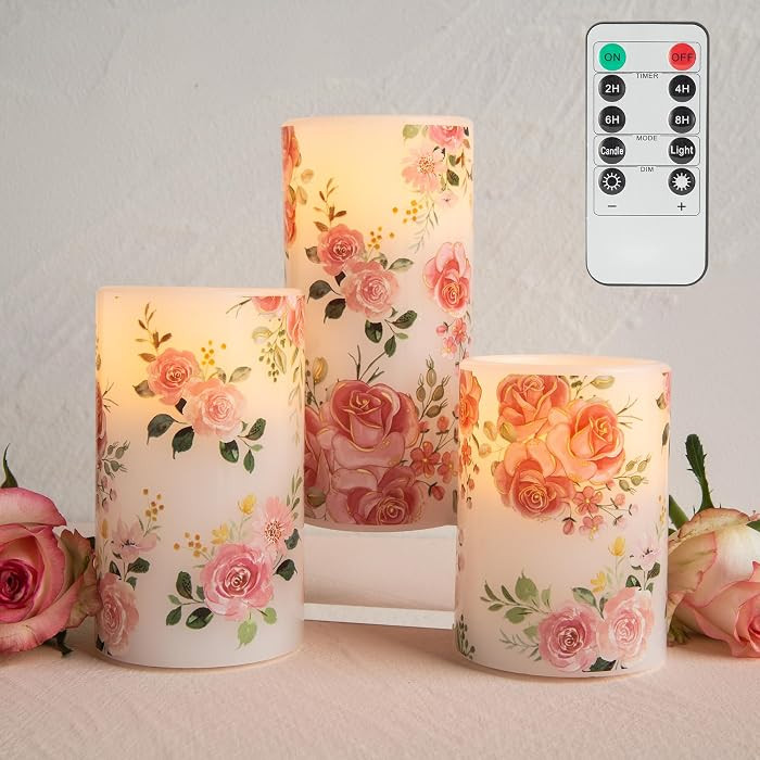 Flameless Candles with Remote, Battery Operated Candles Real Wax Pink Rose Flickering LED Candles... | Amazon (US)