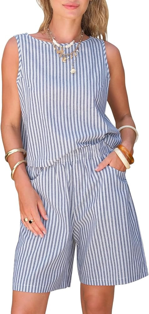 EXLURA Womens 100% Cotton 2 Piece Striped Outfits Sleeveless Tank Tops and Matching Bermuda Short... | Amazon (US)