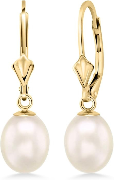 Gem Stone King 14K Gold 9MM Cultured Freshwater Pearl Dangle Earrings For Women | Leverback Gold ... | Amazon (US)