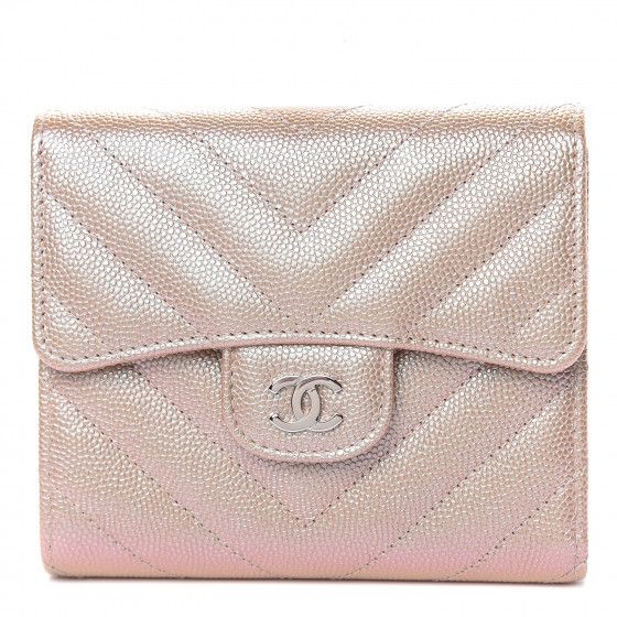 CHANEL Metallic Caviar Chevron Quilted Compact Flap Wallet Light Gold | Fashionphile