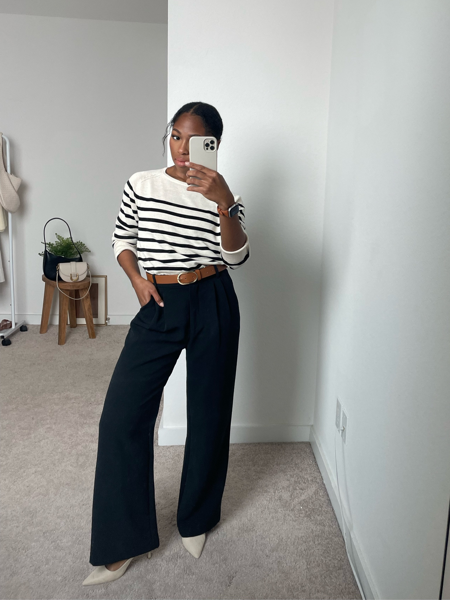 Spring outfit inspo for a classic girl 

Striped jumper, black trousers, brown belt, kitten heels

#LTKstyletip #LTKSeasonal #LTKworkwear