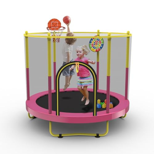 72" Trampoline for Kids with Net,6 FT Indoor & Outdoor Small Toddler Trampoline with Basketball Hoop & Dart Board for Ages 1-8, Birthday Gifts for Boys & Girls, Baby Toddler Christmas Toys Pink | Amazon (US)