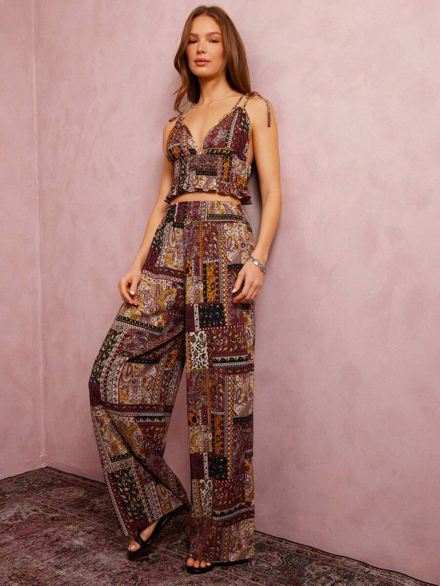 WESTFADE Spring Paisley Printed V Neck Bow Tie Straps Smocked Ruffle Waist Cami Crop Top And High... | SHEIN