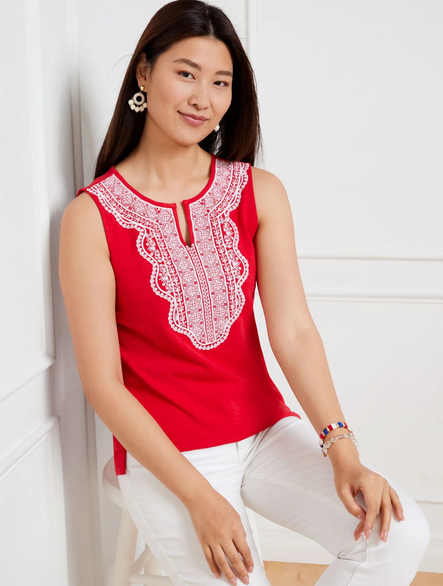 Embroidered Split Neck Shell | Talbots