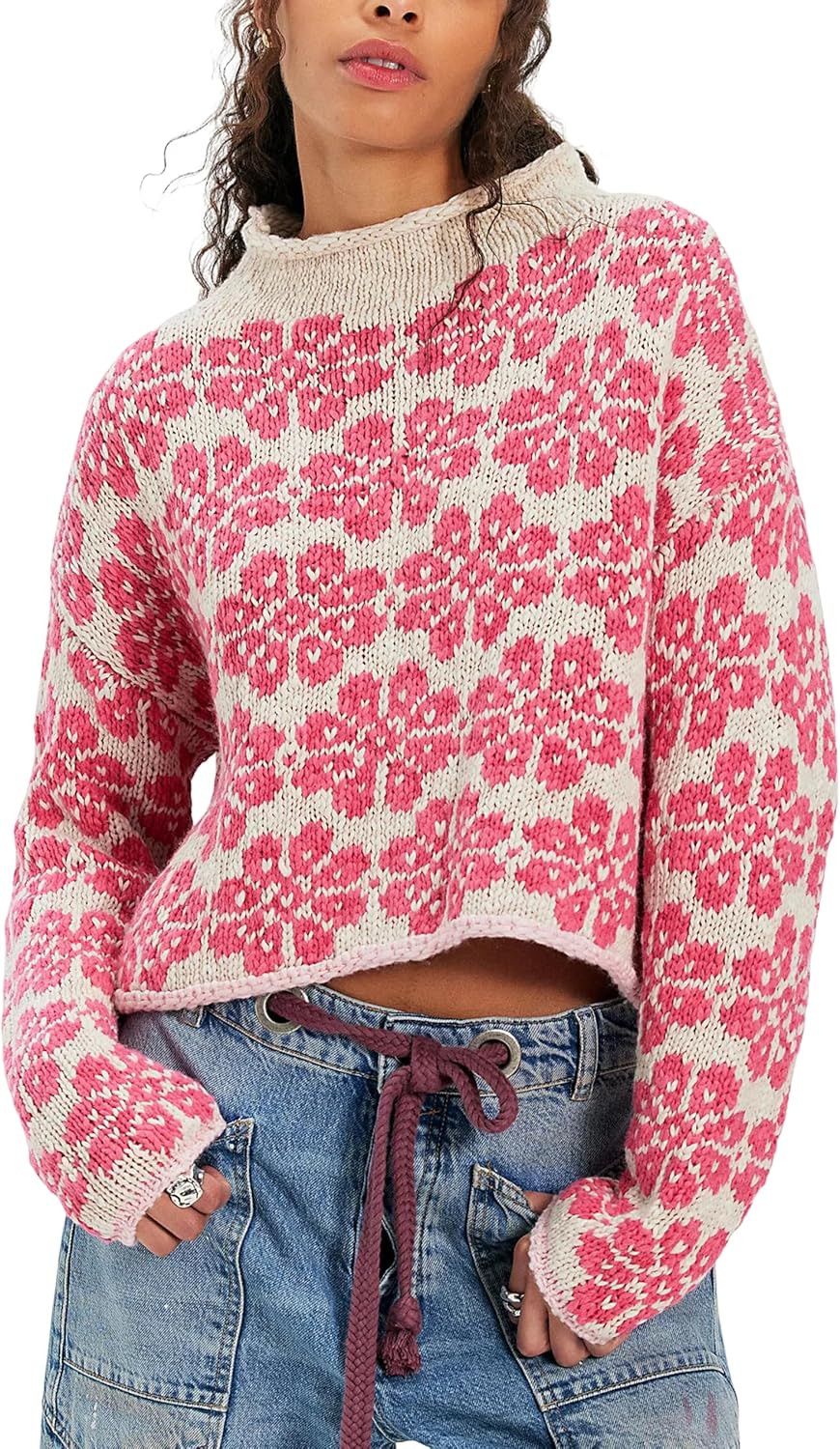 Women Floral Cropped Sweater Boxy Knit Top | Amazon (US)