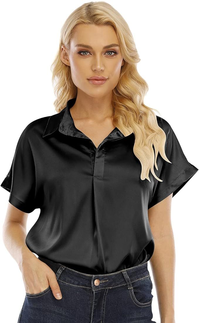 Airmiuu Womens Satin Button Down Shirt Short Sleeve Silk Blouse Office Elegant Work Shirt Top | Amazon (US)
