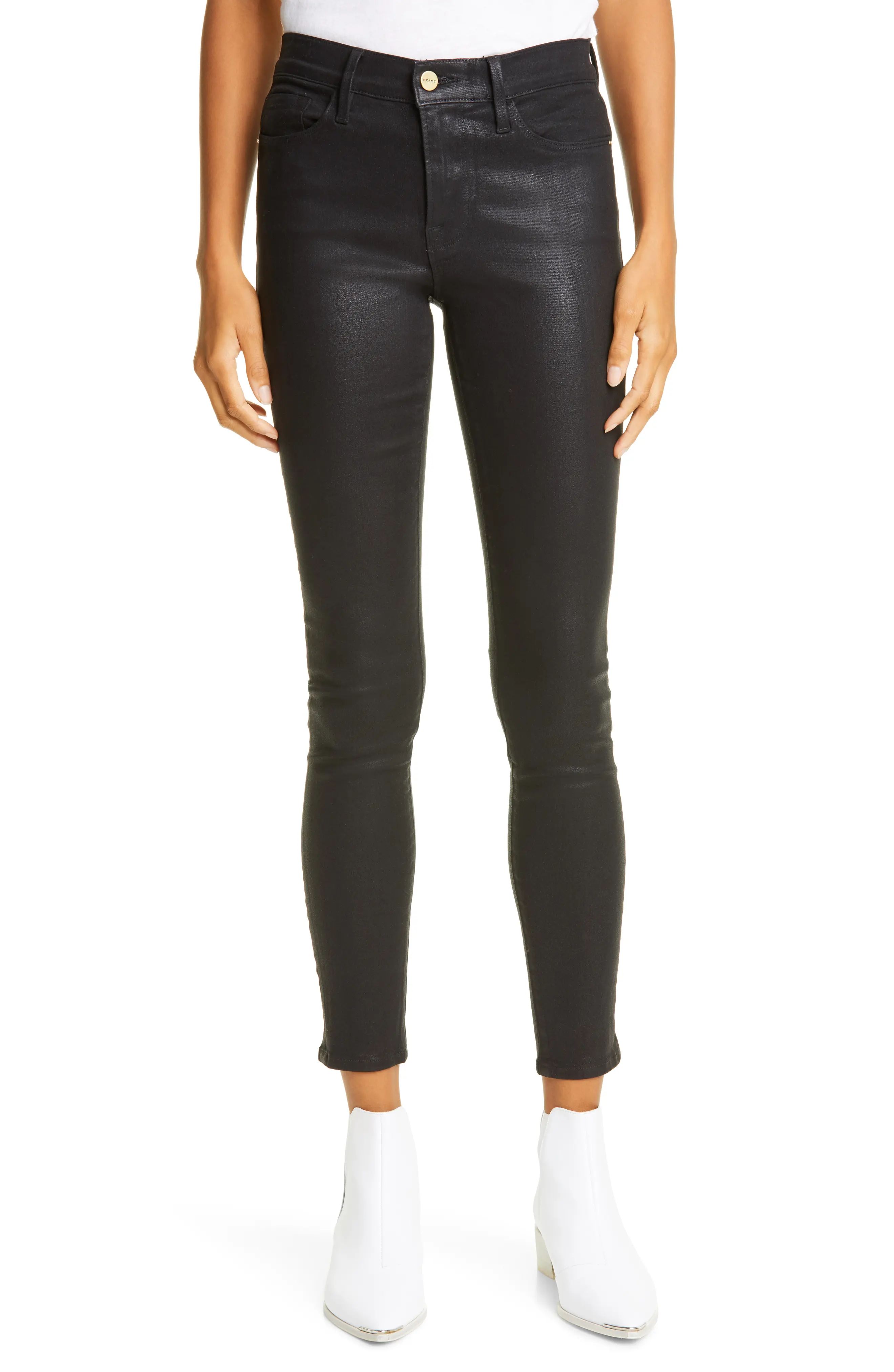 Women's Frame Le Skinny De Jeanne Coated Ankle Jeans, Size 25 - Black | Nordstrom