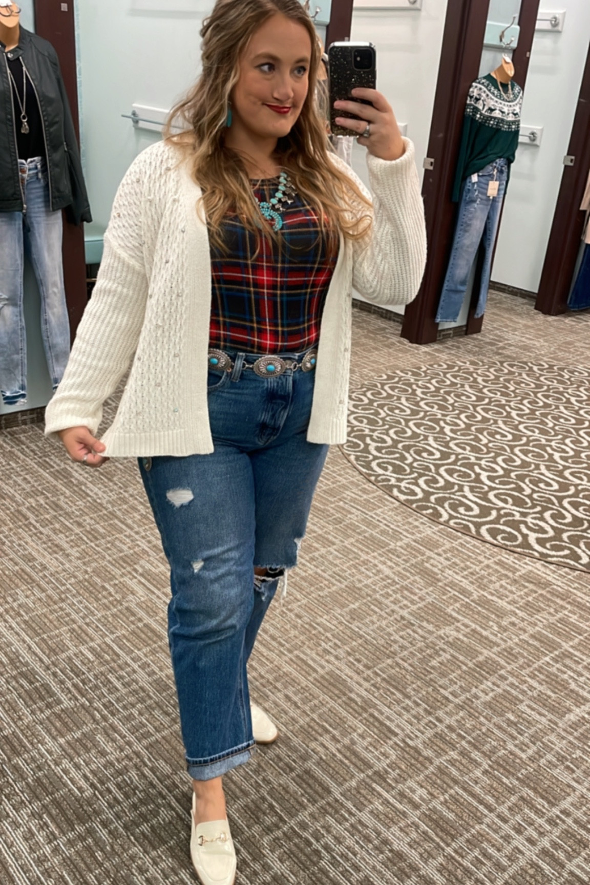 Rhinestone and pearl cardigan with cute straight leg vintage inspired jeans! 

#LTKstyletip #LTKmidsize #LTKsalealert