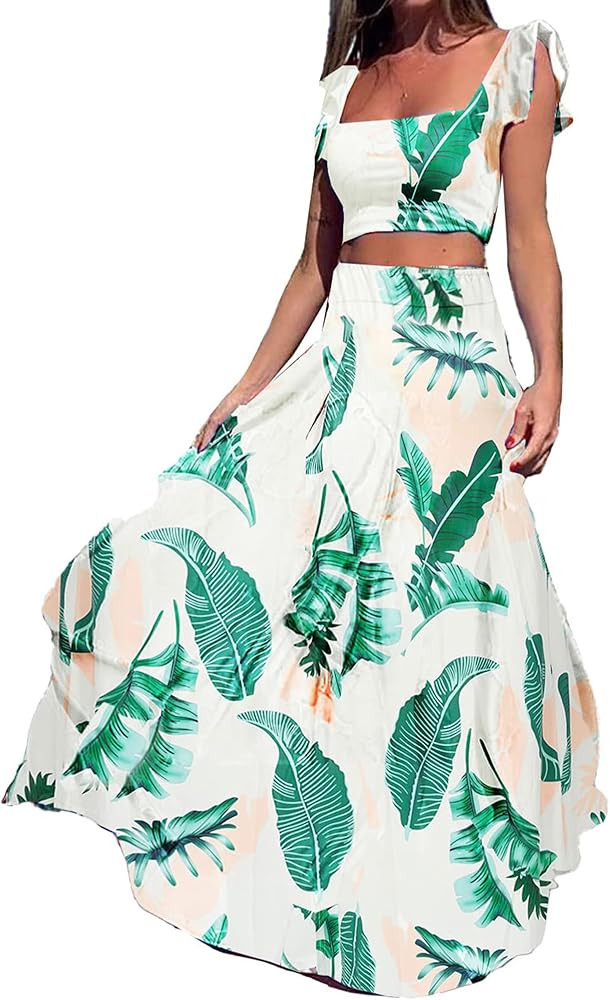 Vakkest Womens Summer Sexy 2 Pieces Outfits Ruffle Floral Tank Top Wrap Boho Tropical Long Skirt ... | Amazon (US)