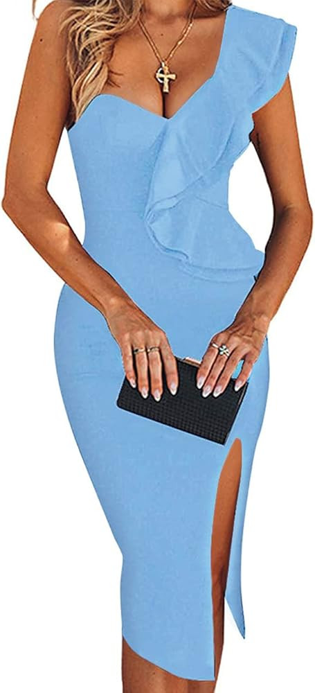 UONBOX Women's One Shoulder Sleeveless Knee Length Side Split Fashion Bandage Dress | Amazon (US)