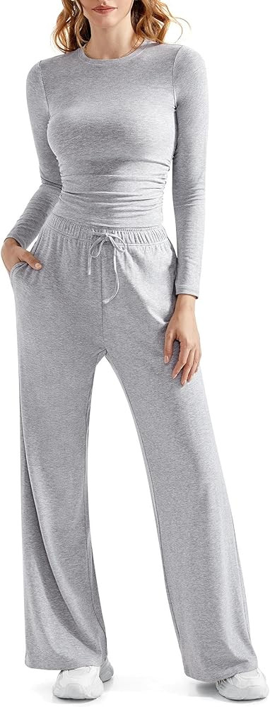 RXRXCOCO Women's 2 Piece Lounge Sets Ruched Long Sleeve Crop Tops Wide Leg Pants Casual Outfits M... | Amazon (US)
