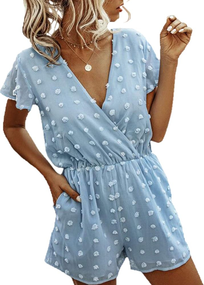 Angashion Women’s Rompers-Summer Deep V Neck Wrap Floral Polka Dot Short Sleeve Beach Short Jumpsuit | Amazon (US)