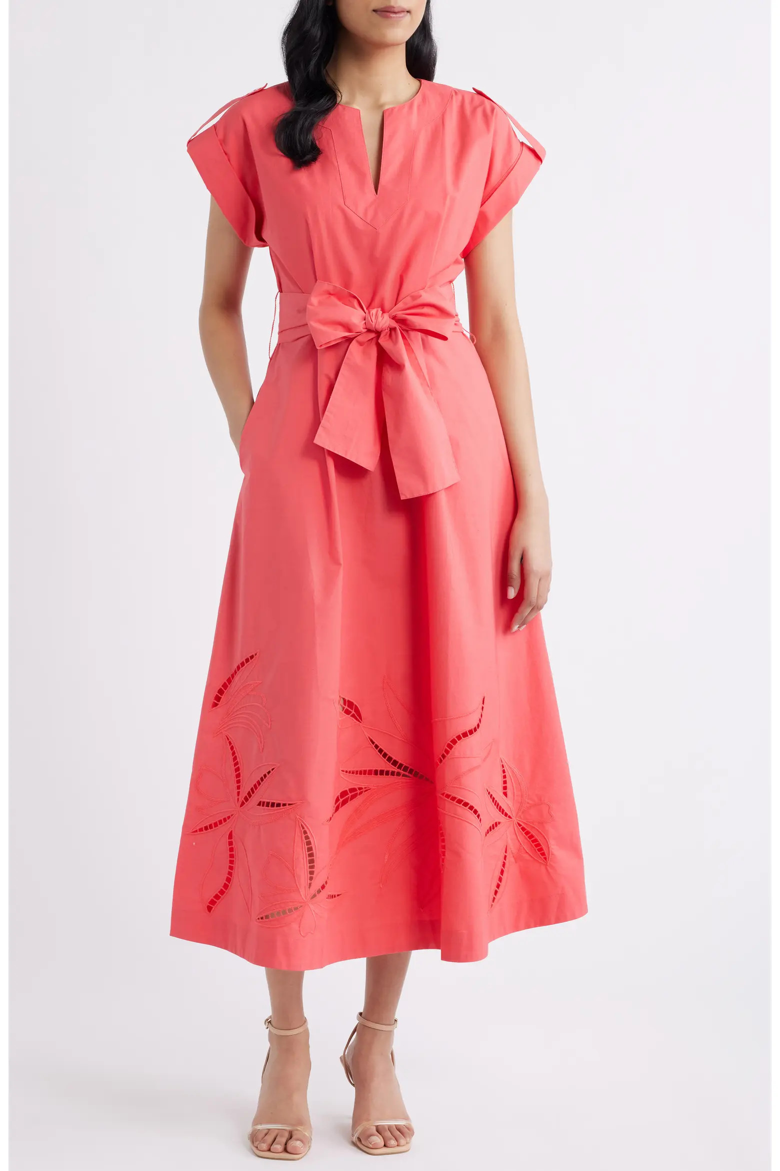 Ladder Stitch Embroidered Tie Belt Cotton Poplin Midi Dress (Women) | Nordstrom | Nordstrom