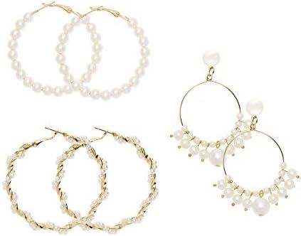 PENTA ANGEL 3 Pairs Big Hoop Earrings Gold Plated Faux Pearl Circle Dangle Earrings Geometric Rou... | Amazon (US)