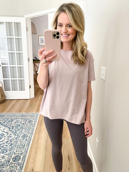 Leggings paired with a simple tee.  I love the high neckline and longer short sleeves.  Might scoop this one up in another color! I am wearing the size small.

#LTKunder50 #LTKstyletip #LTKtravel