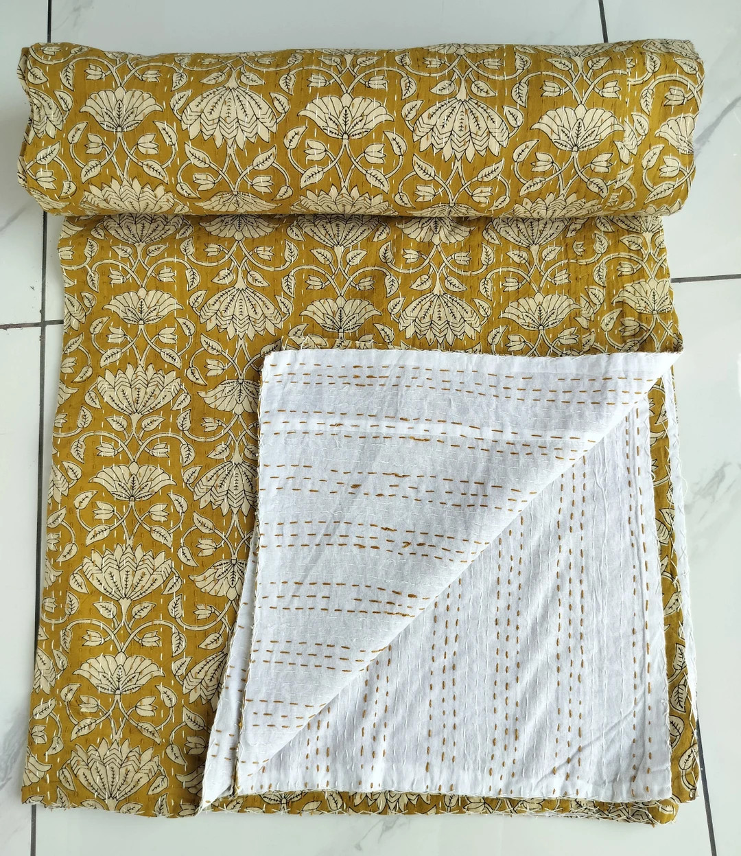 Kantha Quilt Yellow Floral Bedspread Handmade Kantha Bedding Throw Hand Block Print Kantha Crafts... | Etsy (US)