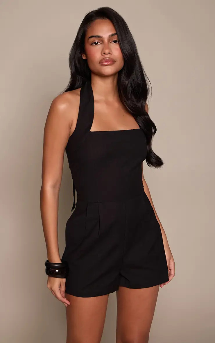 Black Linen Look Halter neck Playsuit | PrettyLittleThing USA | PrettyLittleThing US