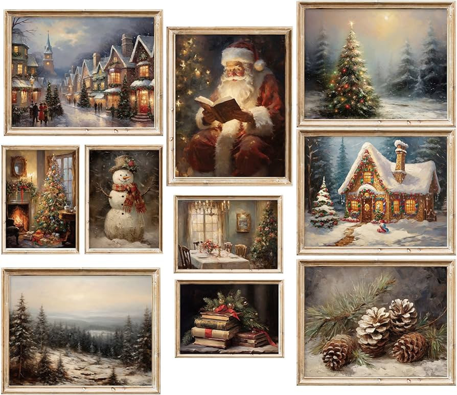 Whaline 10 Sheet Vintage Christmas Wall Art Prints Snow Scene Santa Xmas Tree Posters Retro Warm ... | Amazon (US)