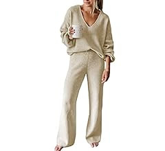 Viottiset Women's 2 Piece Outfits Casual V Neck Knit Wide Leg Sweater Lounge Set Sweatsuit | Amazon (US)