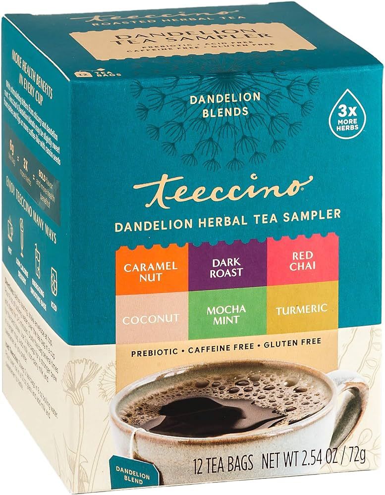 Teeccino Dandelion Tea Sampler – Caramel, Coconut, Dark Roast, Mocha Mint, Red Chai, Turmeric ... | Amazon (US)