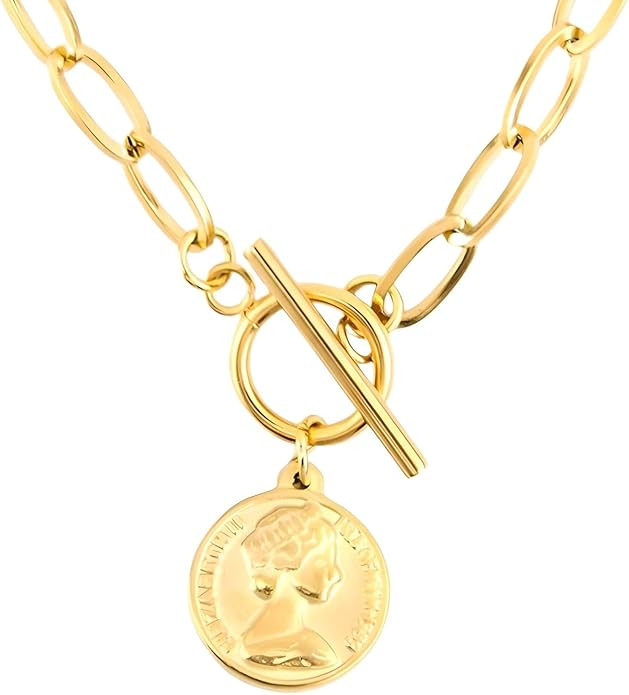 14K Yellow Gold Coin Toggle Necklace For Women - 925 Sterling Silver Minimalist Toggle Necklace, ... | Amazon (US)