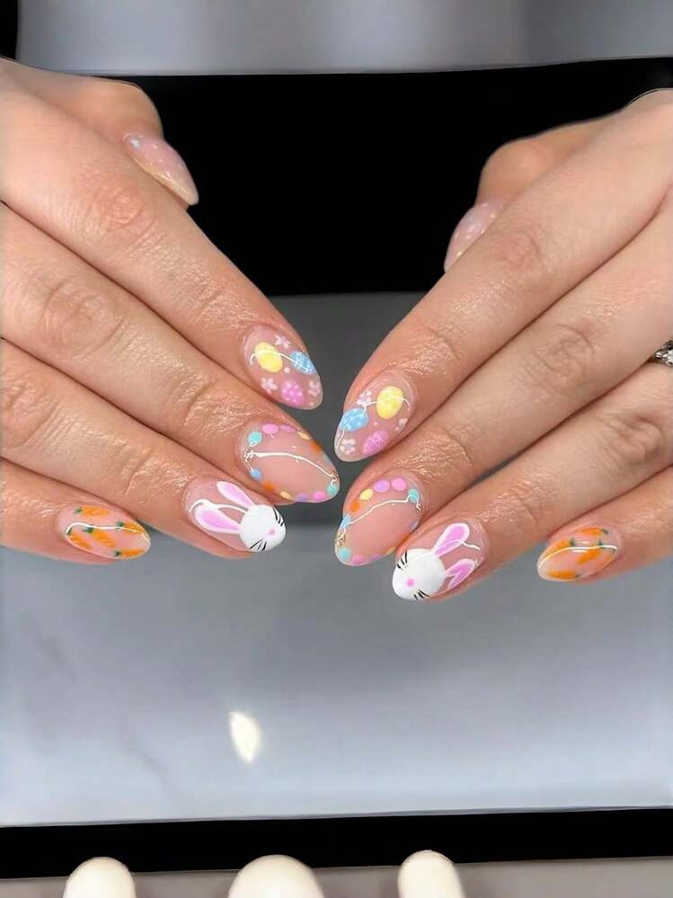 24pcs Easter Nail Stickers Set, Cute Rabbit Polka Dot, Easter Egg, Carrot Patterns, Short Nail St... | SHEIN